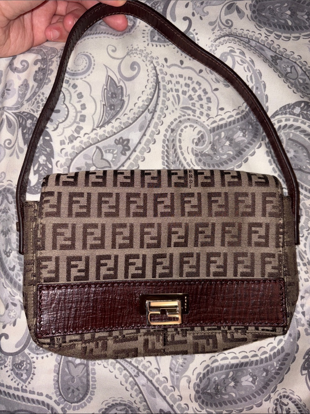 Fendi Brown Monogram Shoulder Bag with Gold-Tone Clasp